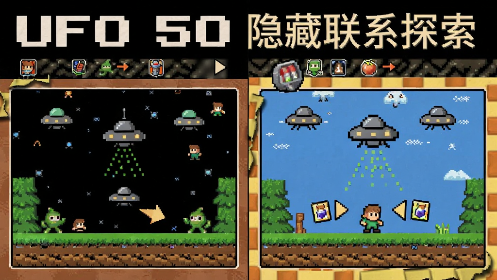 UFO 50 隐藏联系探索界面预览图,主体为像素风格的游戏场景拼贴,布局采用左右分栏展示不同游戏画面,排版带有复古游戏杂志风格,风格为八位机像素艺术,细节包含隐藏角色、道具图标和线索箭头,画质清晰,干净,无多余元素