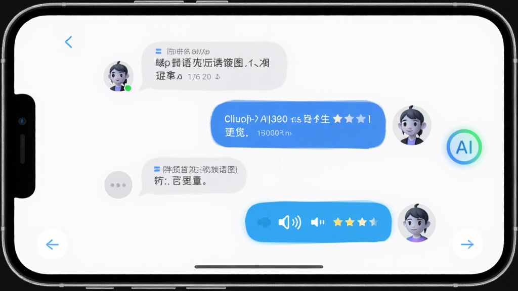boop软件界面预览图,主体为手机屏幕显示AI口语对话界面,布局为居中展示,排版简洁,风格清新现代,细节包括对话气泡、AI虚拟形象、发音评分图标,画质清晰,干净,无多余元素