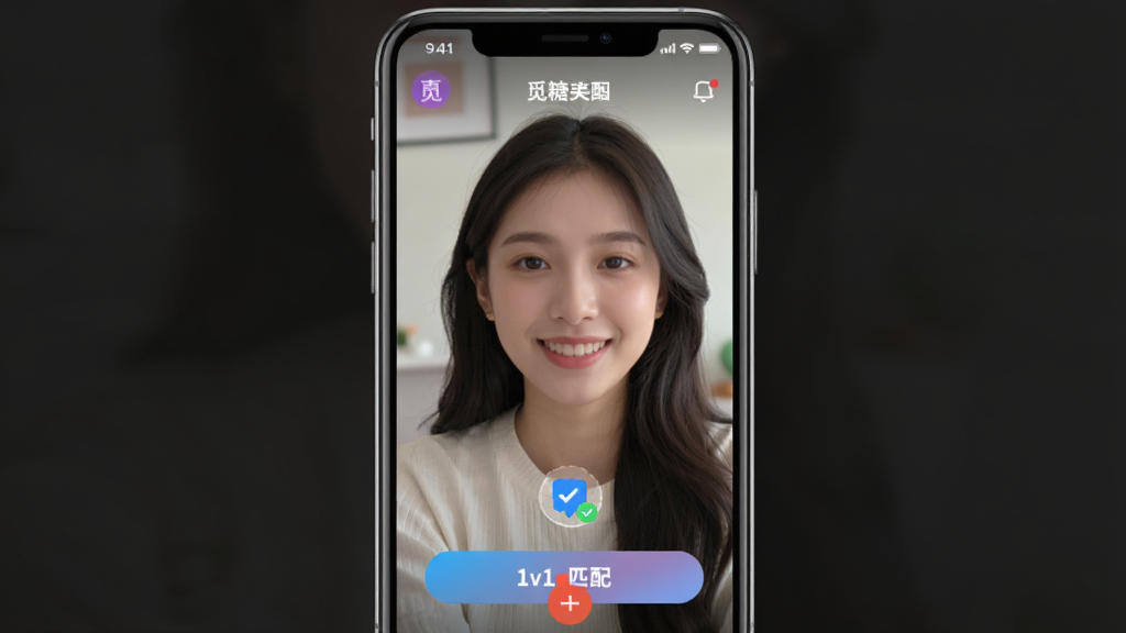 觅糖App真人视频匹配界面,主体是手机屏幕显示一位年轻女性正在视频通话,布局为居中展示,排版简洁,风格为现代社交应用UI,细节包含真人认证标识和1v1匹配按钮,画质清晰,干净,无多余元素