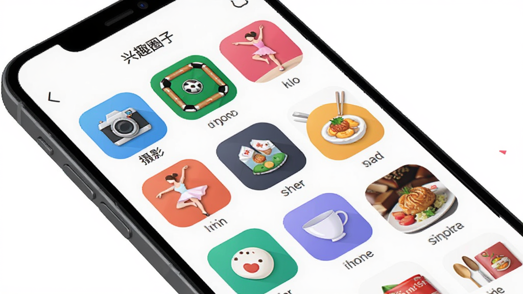 觅糖App兴趣圈子界面,主体是手机屏幕显示多个兴趣圈子图标,布局为网格排列,排版整齐,风格为清新社交应用UI,细节包含摄影、台球、舞蹈、美食等图标,画质清晰,干净,无多余元素