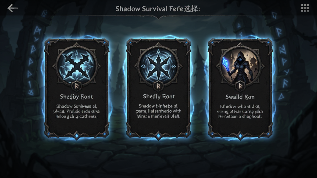 Shadow Survival技能选择界面,主体为三个技能卡片悬浮在屏幕中央,布局为竖屏手游UI,排版整齐,风格为暗黑奇幻风,细节包括技能图标、文字说明、边框光效,画质清晰,干净,无多余元素