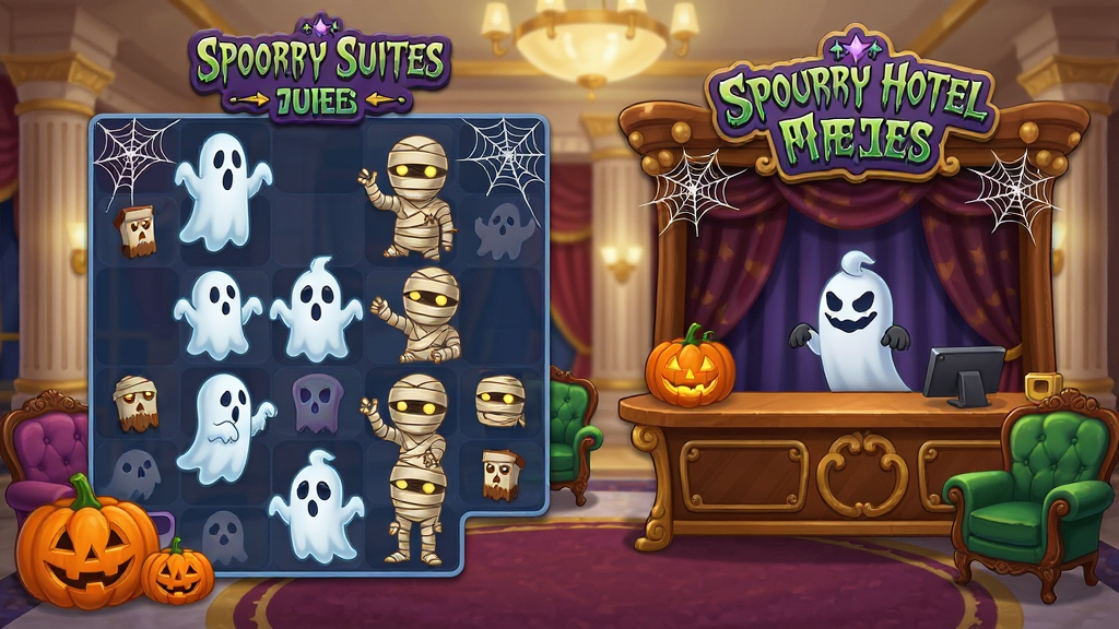 Spooky Suites��������Ϸ ����Ƶ����װ�γ��� ����Ϊ��ͨ�����ľ�����ں����Ƶ�ǰ̨ ����Ϊ������� �Ű������ʾ���������Ҳ���ʾװ�ν��� ���Ϊ��ʽ��ͨ��Ĭ ϸ�ڰ����Ϲϵơ�֩����������ɳ�� ���ʸ��� �ɾ� �޶���Ԫ��