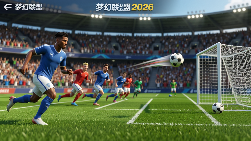 梦幻足球联盟2026游戏主界面展示,多名球员在绿茵场上奔跑,足球飞向球门,背景是座无虚席的体育场,画面明亮清晰,色彩鲜艳,3D写实风格,细节丰富,画质高清,干净无多余元素