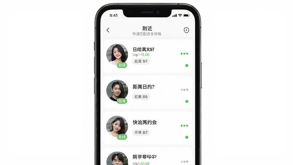 附近陌泡约会 安卓版 快速匹配界面展示,主体为手机屏幕显示附近用户头像列表,布局居中,排版简洁,风格清新社交风,细节包含距离标签和在线状态,画质清晰,干净,无多余元素