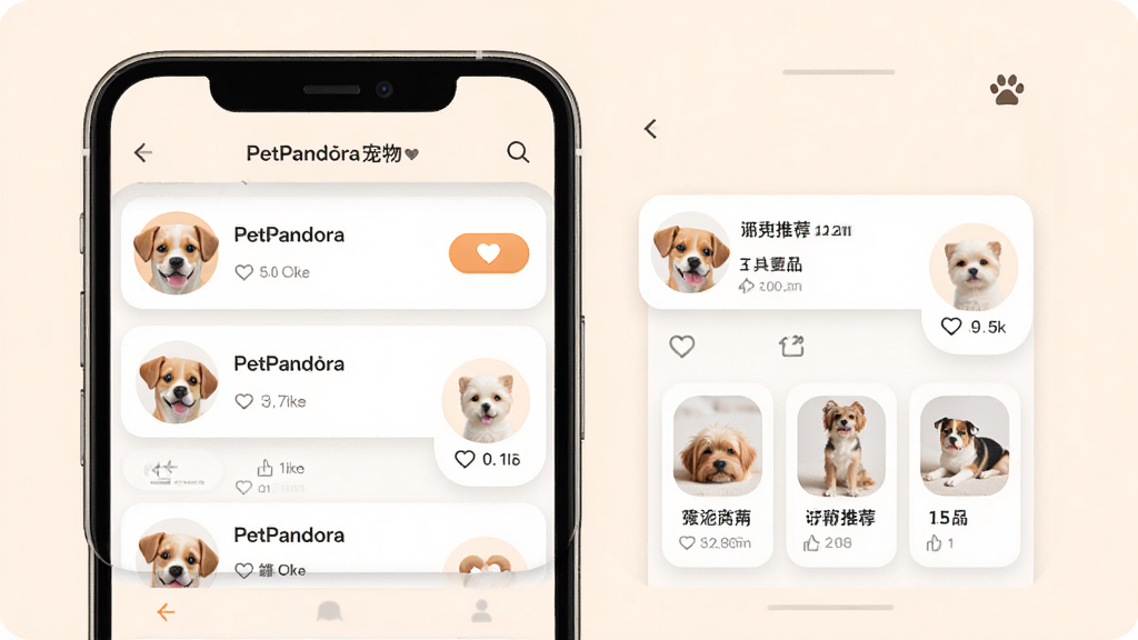 PetPandora�������� �ֻ�����չʾ������Ϊ�ɰ�������������̬��Ƭ������Ϊ��������������Ϣ���б����Ű������������ů���£�ϸ�ڰ�������ͷ�񡢵��ް�ť����Ʒ�Ƽ���Ƭ�����ʸ��壬�ɾ����޶���Ԫ��