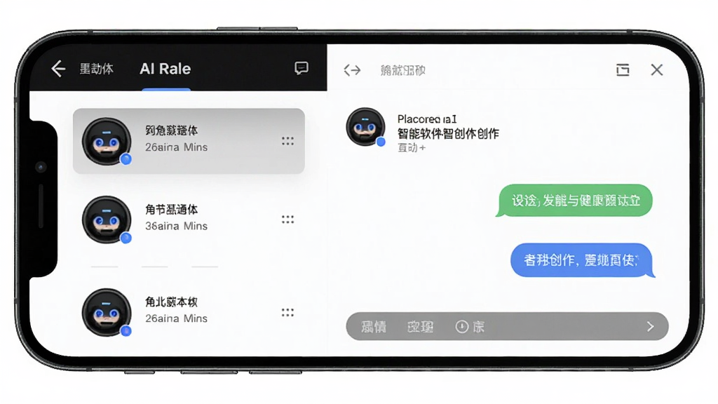 �ھ�����AI�����崴���������棬����Ϊ�ֻ���ĻչʾAI��ɫ����ҳ�棬�������Ϊ��ɫ�б��Ҳ�Ϊ�Ի����ڣ��Ű��������򣬷���Լʱ�У�ϸ�ڰ���AIͷ����������ݣ����ʸ��壬�ɾ����޶���Ԫ��
