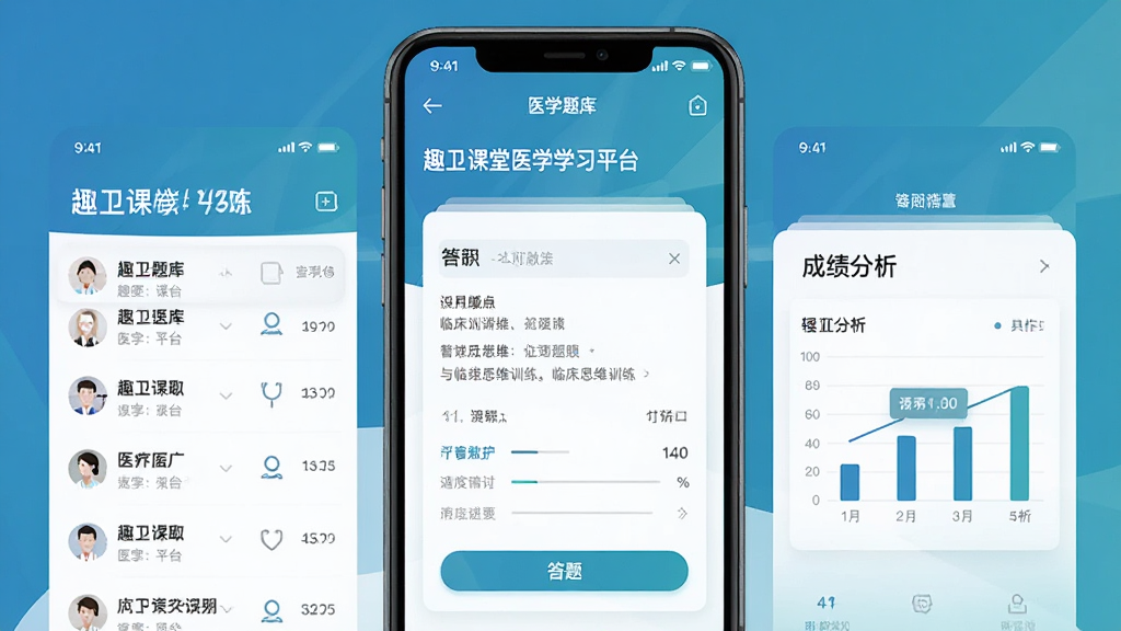 趣卫课堂医学学习平台界面展示,主体为手机屏幕中显示医学题库与临床思维训练模块,布局为居中大图突出应用界面,排版简洁清晰,风格为现代教育类APP展示风格,细节包括题库列表、答题界面、成绩分析图表等元素,画质高清,干净,无多余元素