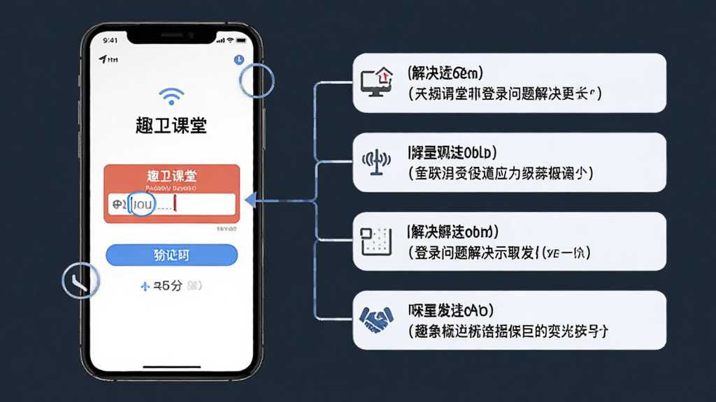 趣卫课堂手机应用登录问题解决示意图,主体为手机屏幕显示登录界面与错误提示,布局为左侧手机右侧解决方法文字标注,排版清晰直观,风格为教程类信息图风格,细节包括网络图标、密码输入框、验证码按钮等,画质清晰,干净,无多余元素