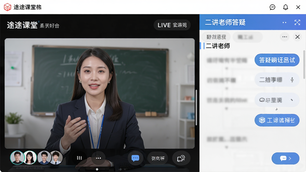 画面主体为途途课堂软件界面,布局采用左右分栏,左侧显示主讲老师直播画面,右侧显示二讲老师答疑聊天窗口,排版清晰,风格为现代教育科技风,细节包含课程名称、学生头像、互动按钮,画质高清干净无多余元素