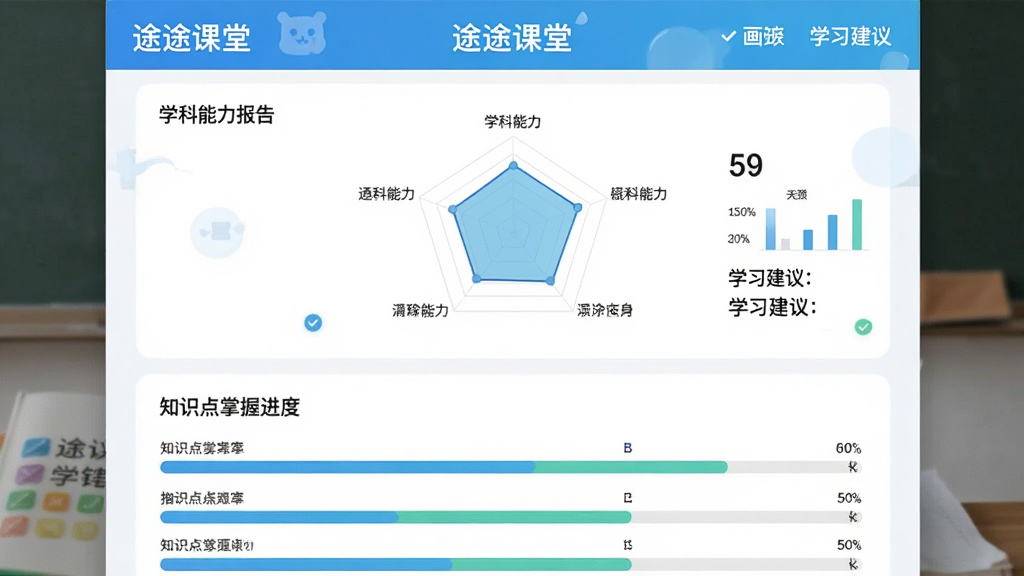 画面主体为途途课堂学习报告页面,布局采用上下结构,上方显示学科能力雷达图,下方显示知识点掌握进度条,排版简洁,风格为清新教育风,细节包含“途途课堂”字样、数据图表、学习建议,画质高清干净无多余元素