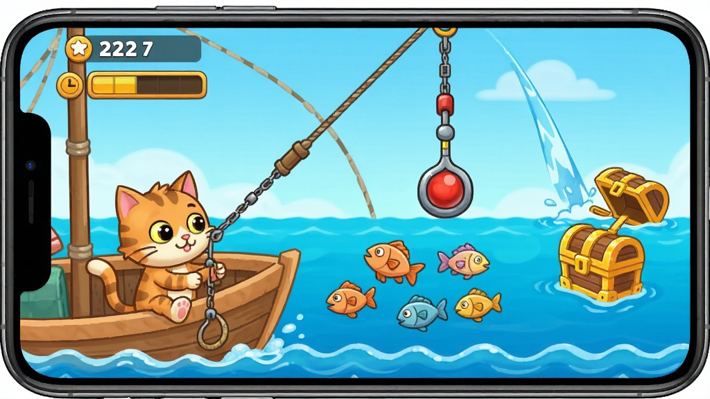 小猫钓鱼 黄金矿工 游戏界面展示,小猫在船上,海面有鱼群和宝箱,吊钩正在抓取目标,布局为手机竖屏画面,风格为卡通休闲,细节包括分数显示、时间条、波浪动画,画质清晰干净无多余元素