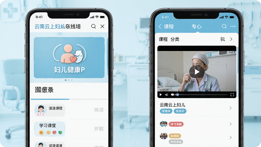 云南云上妇幼在线培训学习场景,手机屏幕显示课程列表和视频播放界面,课程封面包含妇幼健康相关图标,背景为淡蓝色医疗风格,排版整齐,细节有学习进度条和课程分类标签,画质清晰,干净,无多余元素