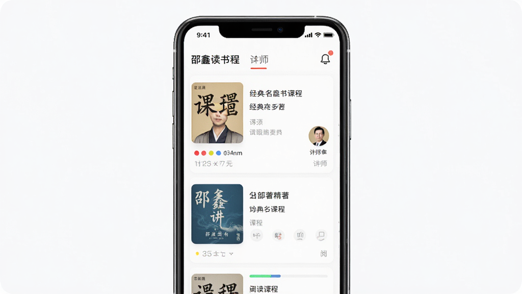 邵鑫读书APP界面展示,主体为一款手机屏幕中显示经典名著精讲课程列表,布局为居中手机正面展示,排版简洁清晰,风格为现代教育类APP界面,细节包括课程封面、讲师头像、阅读进度条,画质高清,干净,无多余元素