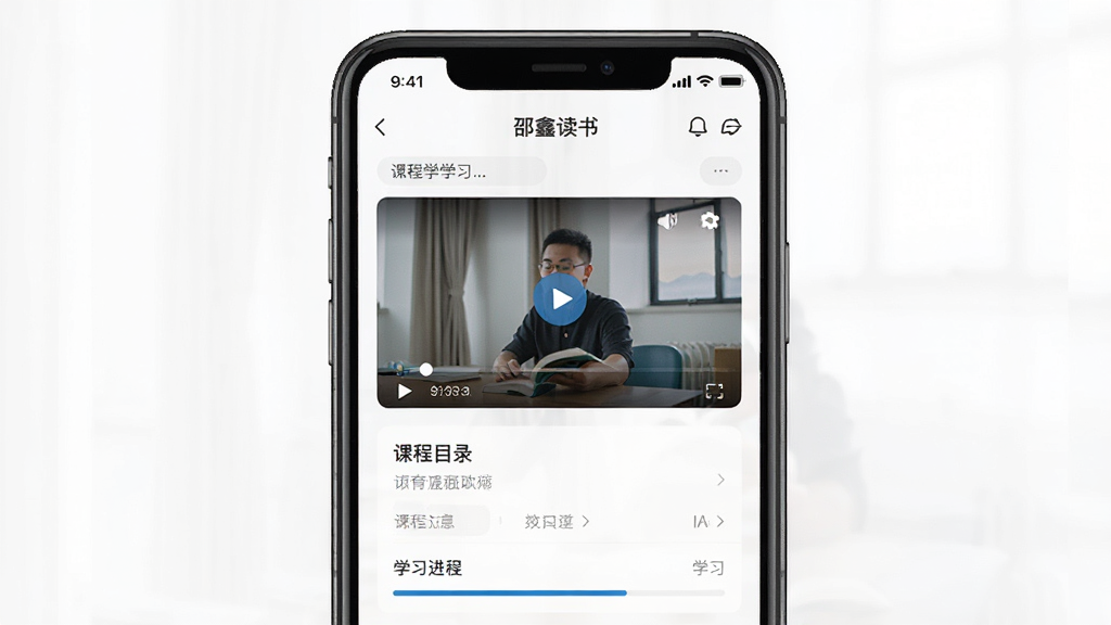 邵鑫读书APP操作界面展示,主体为手机屏幕中显示课程学习页面,布局为居中展示,排版清晰,风格为教育类APP,细节包括视频播放器、课程目录、学习进度,画质高清,干净,无多余元素
