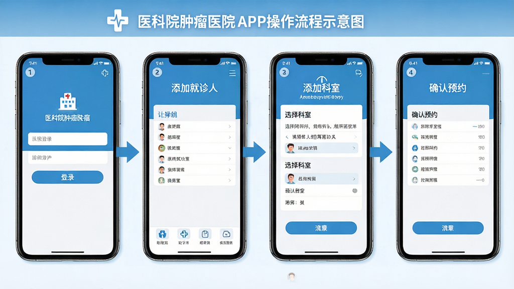 ҽ��Ժ����ҽԺAPP��������ʾ��ͼ������Ϊ�ֻ���Ļ����չʾ��¼�����Ӿ����ˡ�ѡ����ҡ�ȷ��ԤԼ�ĸ�������棬����Ϊ�����ĸ����У��Ű����룬���Ϊ��ƽ��ҽ��������ɫ��ϸ�ڰ���������š���ͷ����������Ԫ�����������ʸ��壬�ɾ����޶���Ԫ��
