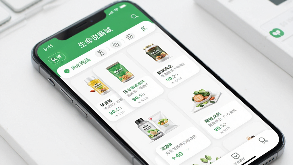 ����˵�̳�App��ҳչʾ������Ʒ�������Ƽ��б����ֻ���Ļ���棬����ɫ��������ɫ��������ɫ����Ʒ��Ƭ�������У��ɾ���ˬ���߻���
