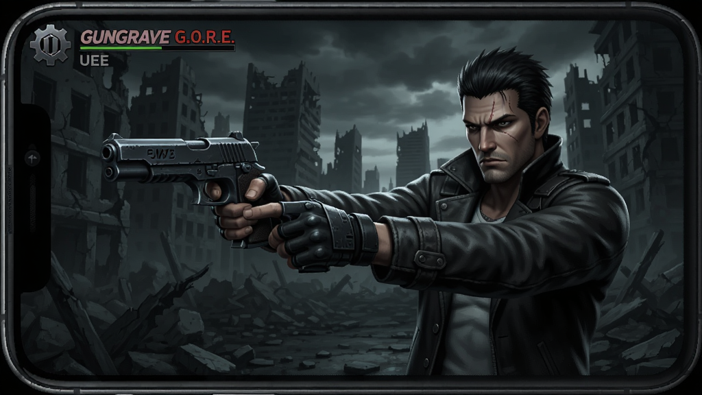 Gungrave G.O.R.E. UEE Mobile game screenshot, anti-hero Grave pointing dual guns in ruined city, dark cinematic style, high detail, clean composition, no text