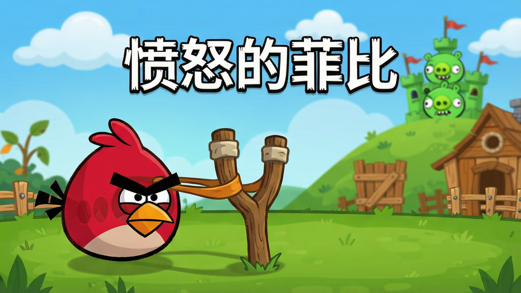 愤怒的菲比PC电脑版游戏主界面,主体是一只愤怒的红色小鸟站在弹弓旁,背景是绿色草地和木质建筑,布局中央为游戏标题“愤怒的菲比”,排版简洁,风格卡通可爱,细节包括蓝天白云、远处绿猪城堡,画质高清,干净,无多余元素