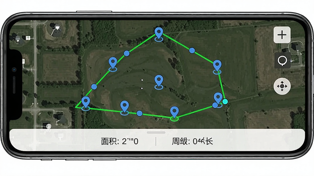 土地测亩仪免费软件界面展示,手机屏幕显示卫星地图打点测量模式,地图上有多个标记点连成不规则地块,下方显示面积和周长数据,整体布局清晰,排版简洁,风格写实,细节包括绿色地块边界线和蓝色定位点,画质清晰,干净,无多余元素