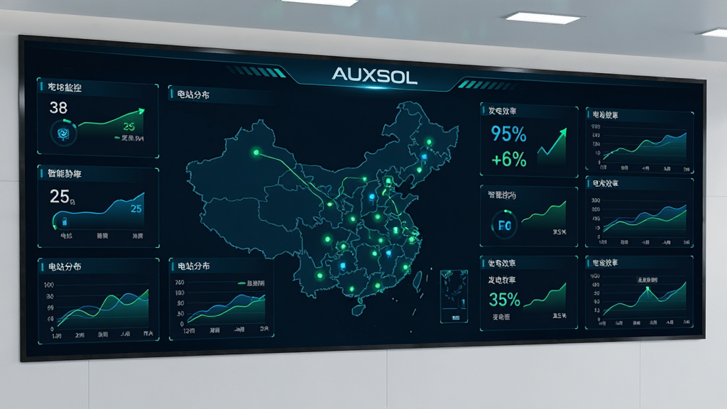 主体为一块大型可视化数据大屏展示 AUXSOL 光伏监控系统,布局为大屏居中,周围环绕数据卡片与趋势图表,排版采用深色背景与荧光蓝绿色数据线条,风格为智慧能源科技感,细节包含电站分布地图与发电效率百分比,画质高清,干净,无多余元素