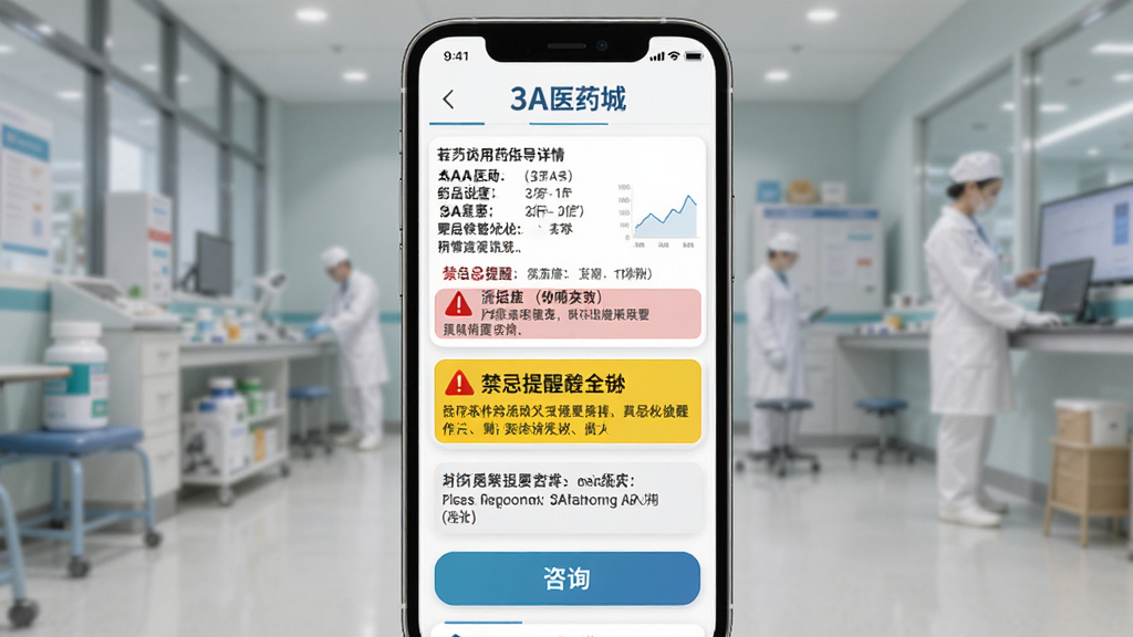 3A医药城 用药指导详情页,主体为手机屏幕显示药品说明书和禁忌提醒标签,布局为纵向滚动排版,风格专业清晰,细节包括高亮警示框和咨询按钮,画质高清,干净,无多余元素