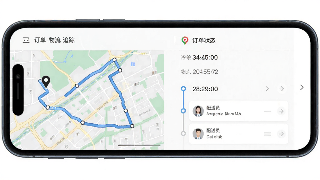 3A医药城 订单物流追踪页面,主体为手机屏幕显示地图轨迹和订单状态列表,布局为上下结构,排版整洁,风格商务简洁,细节包括时间轴和配送员信息,画质清晰,干净,无多余元素