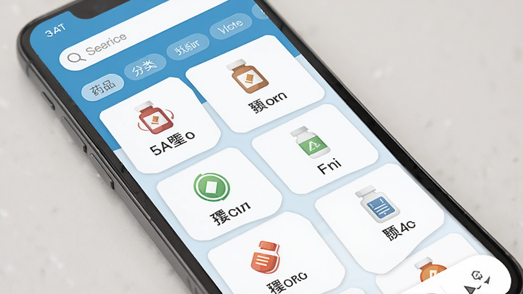 3A医药城 药品分类列表页展示,主体为手机屏幕中显示各类药品图标和名称,布局为竖向卡片式排列,排版清晰,风格简约现代,细节包括搜索框和分类标签,画质高清,干净,无多余元素