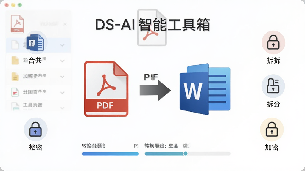 ��������չʾͼ��������DS-AI���ܹ������PDFת��ģ�飬����������ʾPDF�ļ�ͼ����Wordͼ��֮���ת����ͷ����Χ���ƺϲ�����֡����ܵ�Сͼ�꣬����Ϊ���жԳƣ��Ű��࣬����ƽ������磬ϸ�ڰ����ļ��б���ת���������������������ɾ����޶���Ԫ��