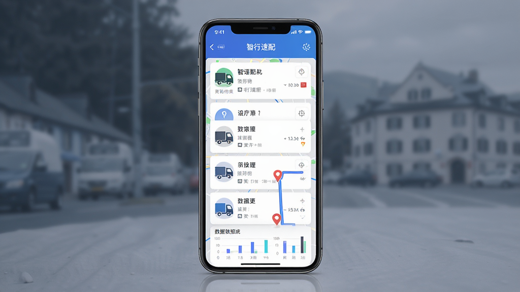 智行速配司机版软件功能展示图,主体为手机屏幕显示物流订单列表和地图路线,布局居中,排版简洁,风格现代科技感,细节包含货车图标、定位标记、数据图表,画质高清,干净,无多余元素