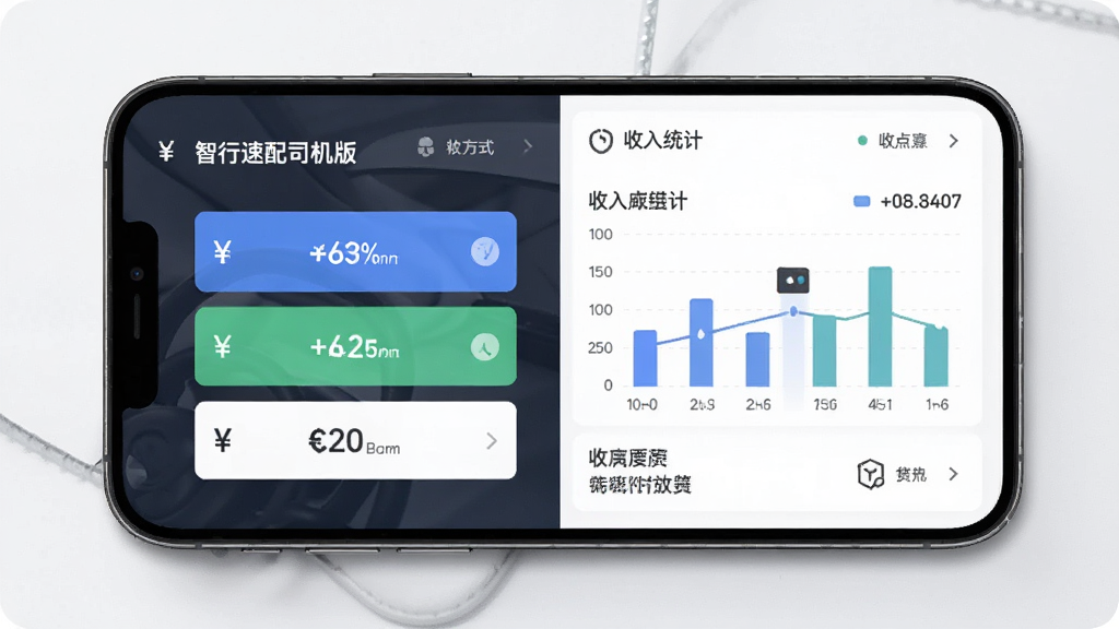 智行速配司机版支付与数据报表界面,主体为手机展示支付方式和收入统计图表,布局分栏清晰,排版规整,风格商务简约,细节包含货币符号、柱状图、百分比数字,画质高清,干净,无多余元素