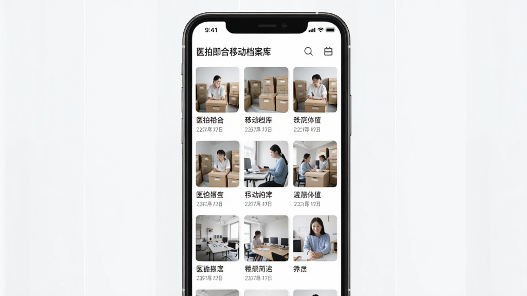 医拍即合移动档案库界面,主体为手机屏幕,布局为网格状照片列表,排版整齐,风格为清新简约,细节包括每张照片下方的文字标签和日期,画质高清,干净,无多余元素