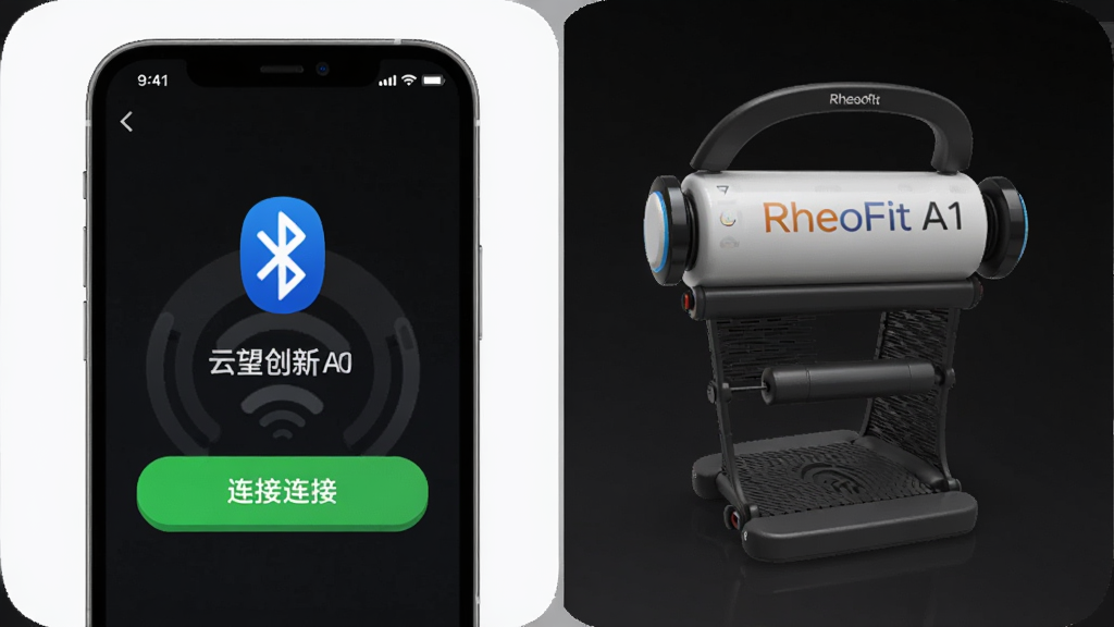 ��������App�������ӽ��棬�ֻ���Ļ��ʾ�豸������״̬���Ա���RheoFit A1�Զ������ǲ�Ʒͼ��������в��֣������Ű棬��Լ�Ƽ����ϸ�ڰ�������ͼ�ꡢ�豸���ơ����Ӱ�ť�������������ɾ����޶���Ԫ��