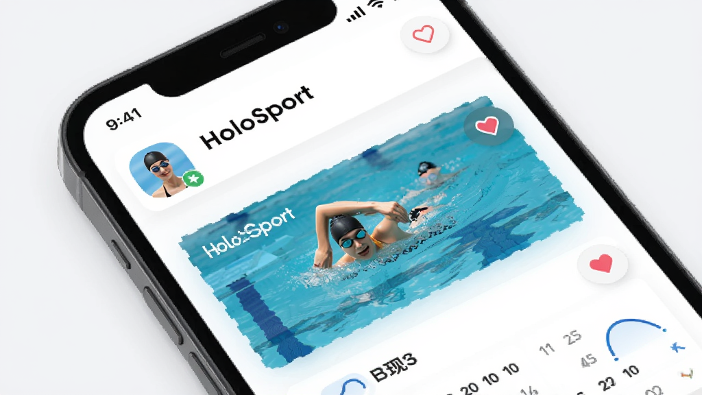 ����ΪHoloSportӦ������ҳ�����Ӿ���ݿ�Ƭ������Ϊ�ֻ���Ļչʾ���Ű�����������˶��罻��ϸ�ڰ����û�ͷ��͵���ͼ�꣬���ʸ���ɾ��޶���Ԫ��