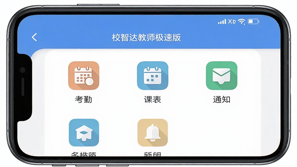 校智达教师极速版界面展示,手机屏幕中显示工作台功能模块,包含考勤、课表、通知等图标,主体为手机正面,布局居中,风格简洁扁平化,细节清晰,画质干净,无多余元素