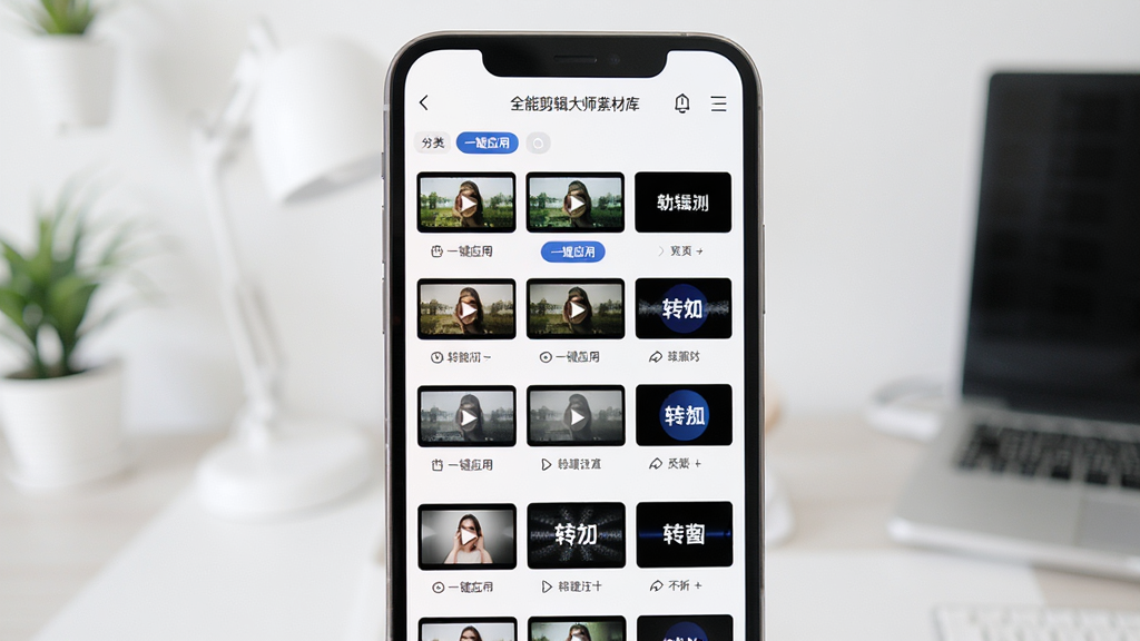 全能剪辑大师素材库界面,主体为手机屏幕展示各种视频滤镜和转场特效缩略图,布局为网格状排列,排版整齐,风格为清新明亮的设计,细节包含“一键应用”按钮、分类标签,画质高清,干净,无多余元素