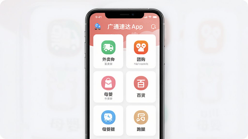 ��ͨ�ٴ�APP��ҳ�����ͼ��չʾ�������Ź����ٻ���ĸӤ�����ȵȷ���ͼ�꣬�ֻ���Ļ���аڷţ�ǳɫ�������ɾ����࣬�޶���Ԫ�أ����廭��