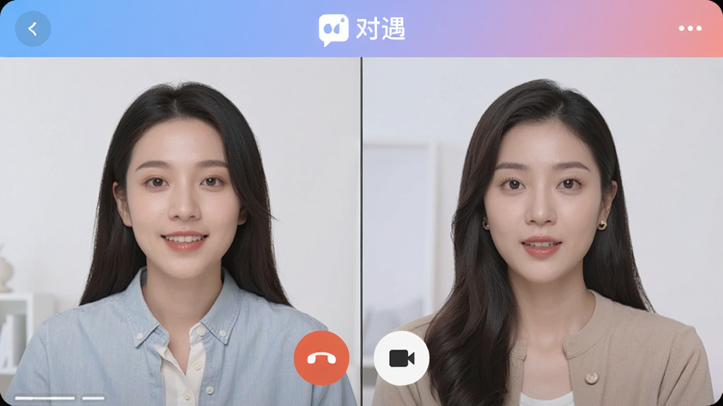 对遇软件视频通话界面截图,画面中两位用户正在视频聊天,屏幕上方显示“对遇”标志,界面下方有挂断与切换摄像头按钮,风格简洁现代,配色柔和,画质清晰,无杂乱元素