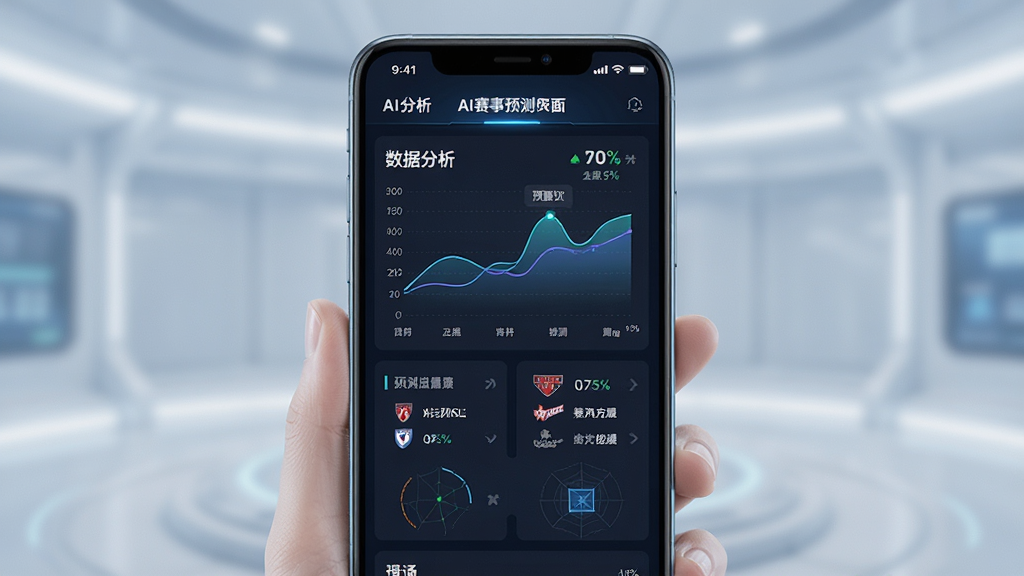 AI赛事预测界面,主体为手机展示AI分析图表,布局为上下结构,排版清晰,风格未来科技感,细节包含数据曲线、预测百分比、球队名称,画质清晰,干净,无多余元素