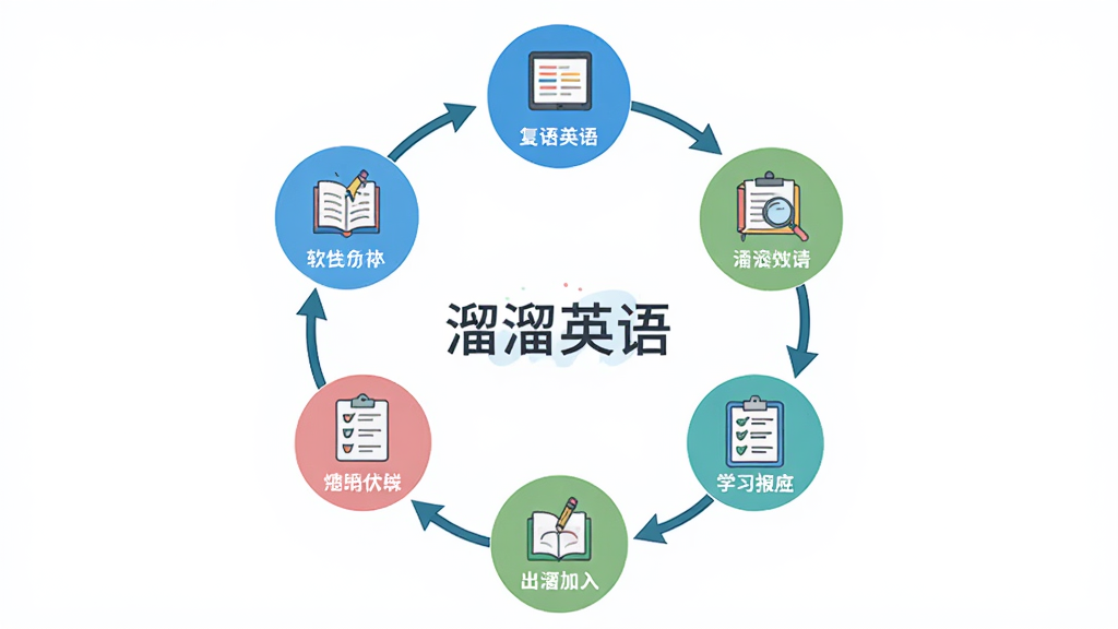 软件名称溜溜英语,主体为学习流程图展示七个学习环节,布局为环形排列,排版清晰,风格为扁平化插画风,细节包括图标和连线,画质清晰,干净,无多余元素