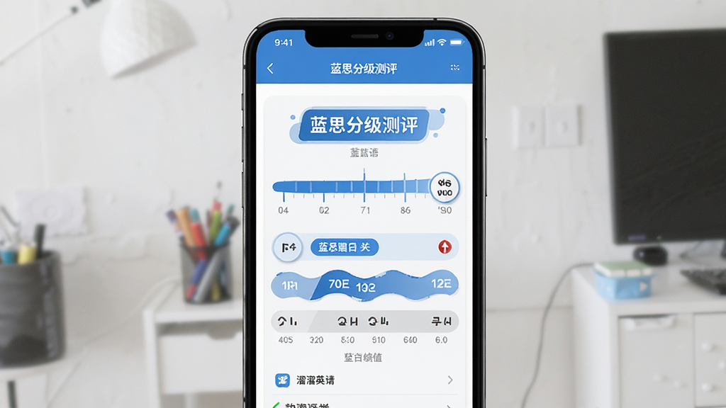 软件名称溜溜英语,主体为一台智能手机屏幕展示蓝思分级测评界面,布局居中,排版简洁,风格为现代教育科技风,细节包括蓝思值刻度条和级别标识,画质清晰,干净,无多余元素