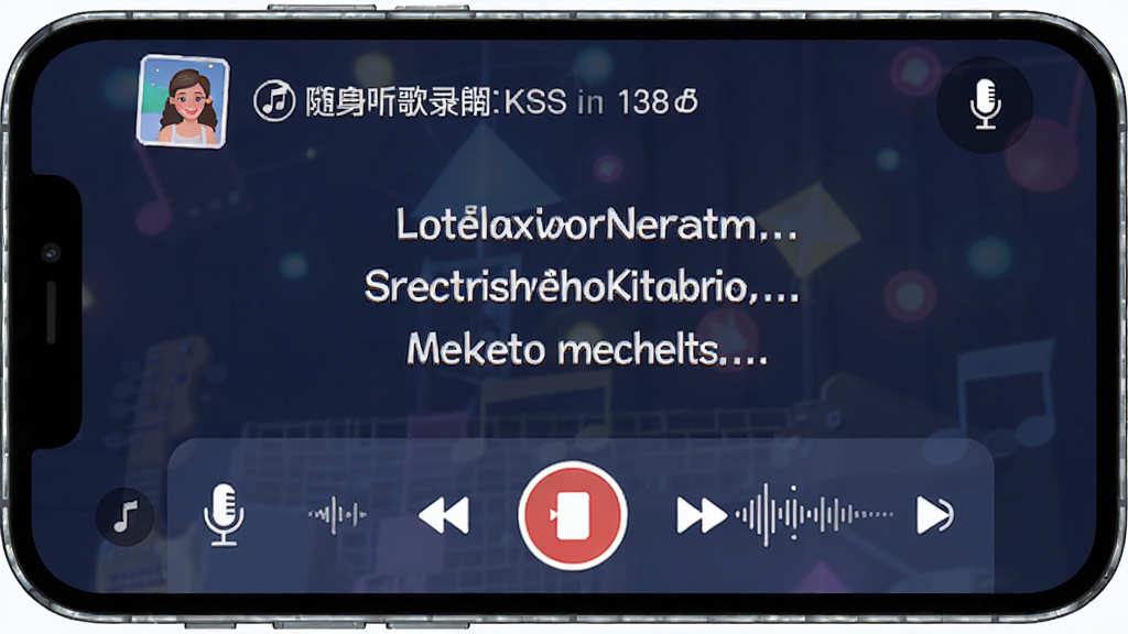 免费歌曲随身听K歌录制界面,主体为手机屏幕显示歌词与录音按钮,布局上方歌曲信息中间歌词下方控制栏,排版居中对称,风格活泼明快,细节包含麦克风图标音波波形,画质清晰干净无多余元素