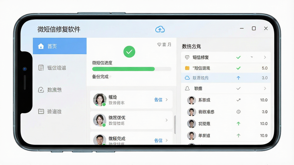 微短信修复软件界面截图,主体为手机屏幕展示短信备份进度条和联系人列表,布局上下分栏,排版左侧功能菜单右侧数据预览,风格简约科技感,细节包含备份完成打勾图标和云端上传箭头,画质清晰干净无多余元素,屏幕中文字显示