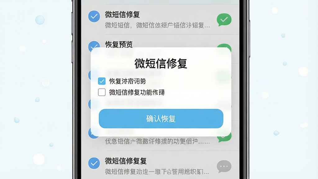 微短信修复功能展示图,主体为手机界面弹出恢复预览窗口,布局居中弹窗排版,风格清新浅色,细节包含短信列表勾选框和确认恢复按钮,画质干净整洁无多余元素,窗口中文字显示