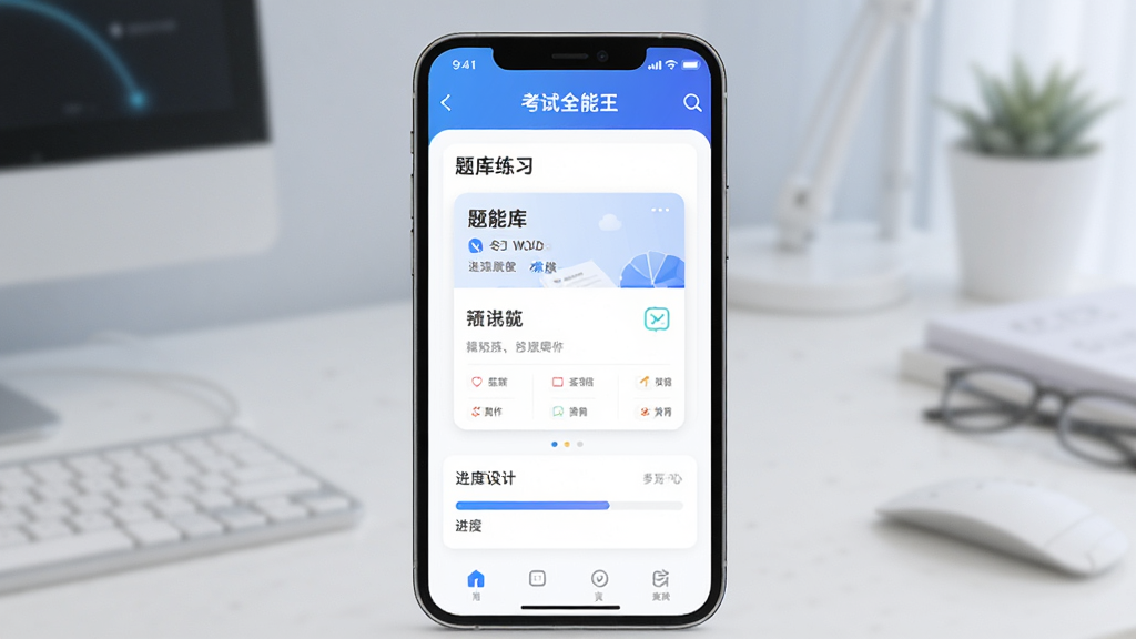 考试全能王 软件界面展示,主体为手机屏幕中显示题库练习页面,布局居中,排版简洁,风格现代科技感,细节包含答题卡与进度条,画质清晰,干净,无多余元素