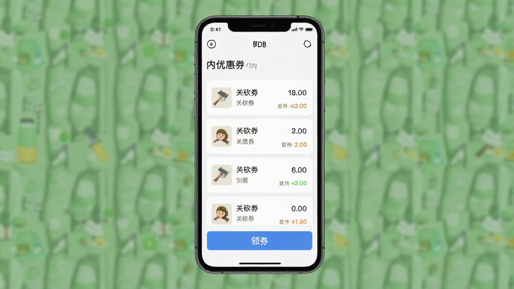 关砍砍应用内优惠券列表和领券按钮界面,手机屏幕主体居中,布局清晰,排版简洁,现代扁平风格,细节精致,画质高清,干净,无多余元素