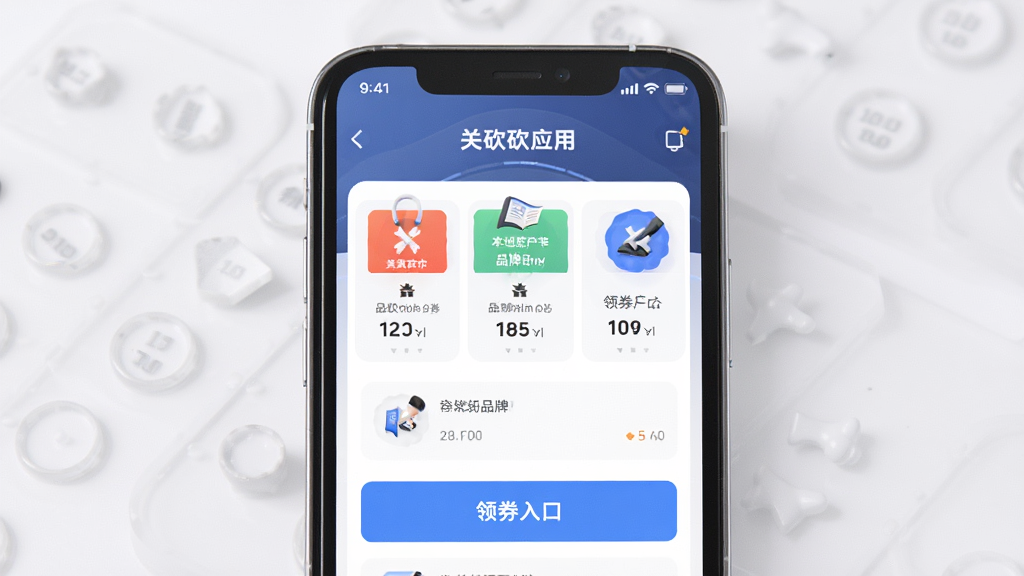 关砍砍应用首页展示本地生活优惠品牌分类和领券入口,手机屏幕主体居中,布局清晰,排版简洁,现代科技风格,细节精致,画质高清,干净,无多余元素