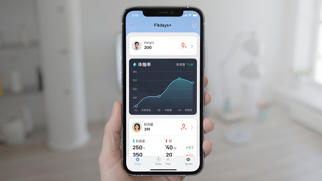 Fitdays+软件界面展示,主体为手机屏幕显示体脂数据图表与营养分析页面,布局为居中手机样机展示,排版简洁清晰,风格为现代科技健康风,细节包含体重、体脂率、肌肉量等数字与曲线图,画质高清干净无多余元素