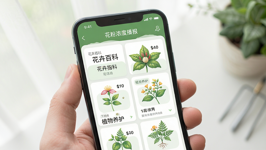 花粉浓度播报 软件界面 花卉百科 手机屏幕 展示 植物养护 指南 布局 清晰 风格 清新 自然 细节 丰富 画质 高清 干净 无多余元素
