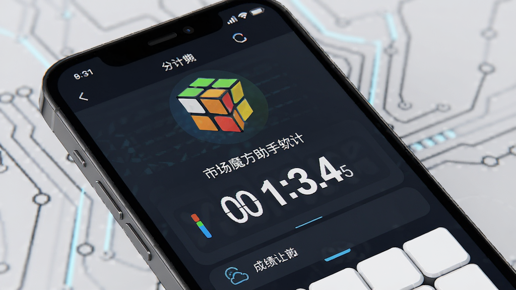 市场魔方助手软件界面截图,主体为手机屏幕展示计时器与成绩统计页面,布局清晰,排版简洁,风格现代科技感,细节包含魔方图标和数字计时,画质高清,干净,无多余元素