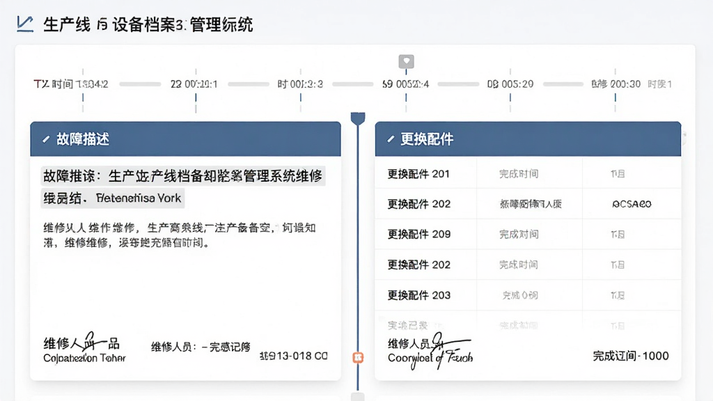 �������豸��������ϵͳά�޼�¼����ҳ������չʾά�޹���ʱ���ߣ�����Ϊ���������͸�������б�������Ϊ����Ƭ������������Լ��ϸ�ڰ���ά����Աǩ�������ʱ����������������ɾ����޶���Ԫ��